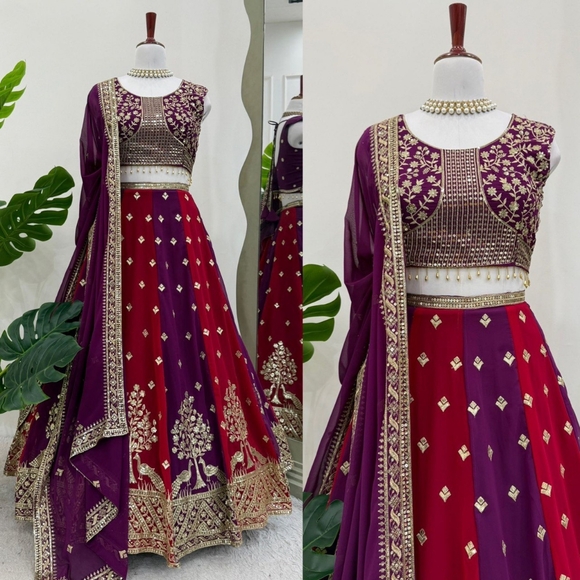 Lehenga Choli Set Heavy Embroidered Wedding Outfit Maroon Purplel Sangeet Garba - Picture 4 of 12